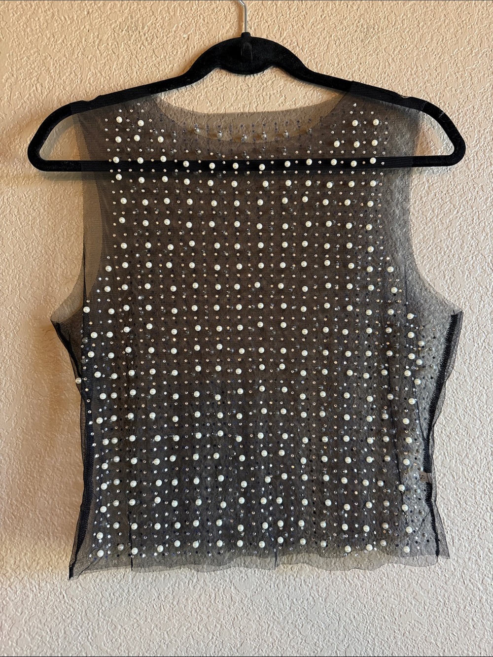 Sheer Black Sleeveless Pearl-Embellished Mesh Top